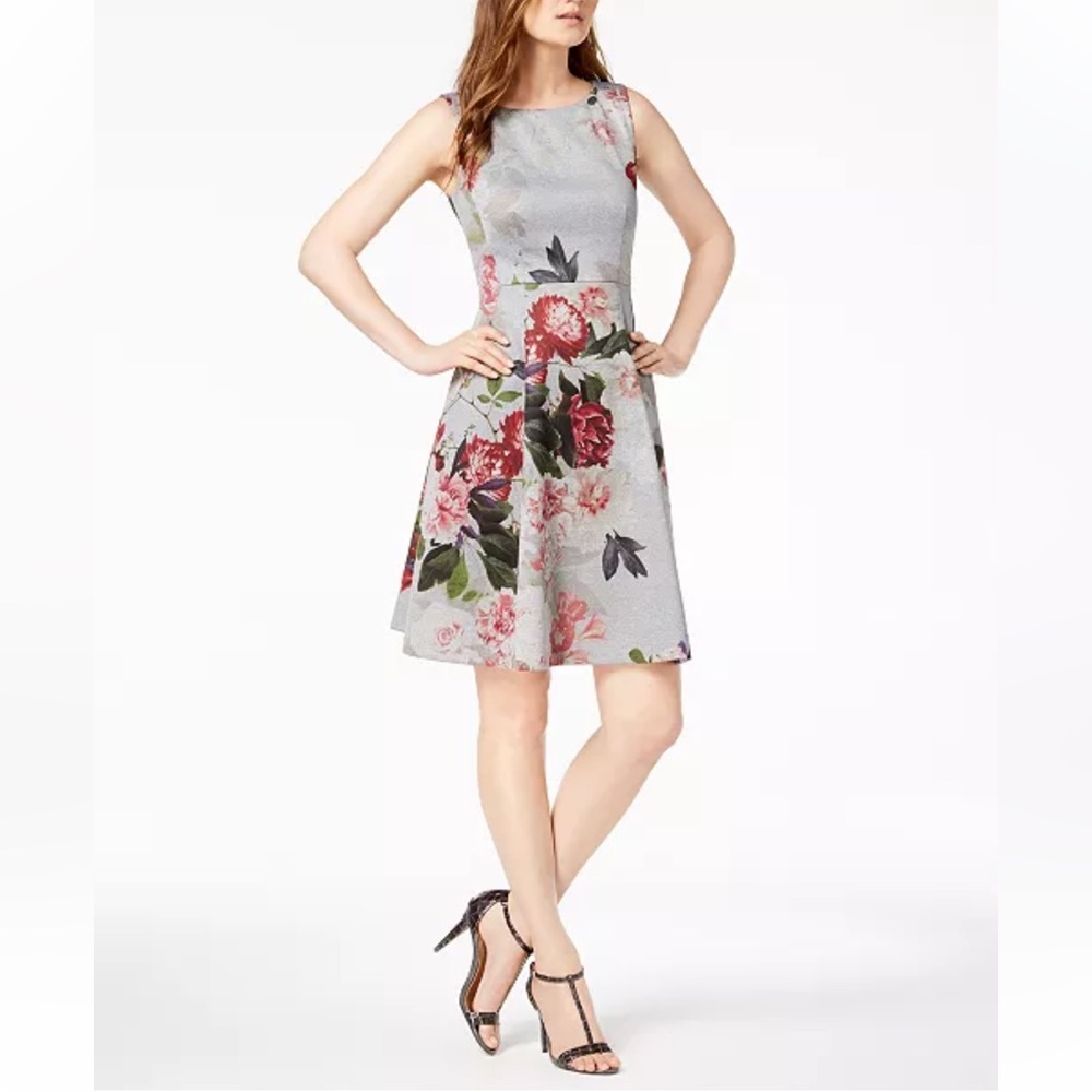 Calvin Klein Light Gray Floral Midi Dress with Pink & Green Accents